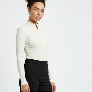 Abercrombie & Fitch Ribbed Long-Sleeve Zip-Up Bodysuit — Cream